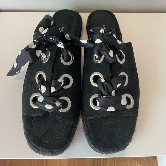 Zara Black Lace Up Espadrilles with Polka Dot Ribbon Size 39 - Picture 4 of 8